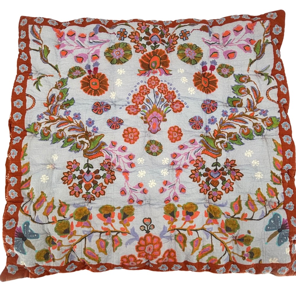 Anthropologie Kelcey Quilt Sham Blue Rust Floral Butterfly Organic Cotton 26x26